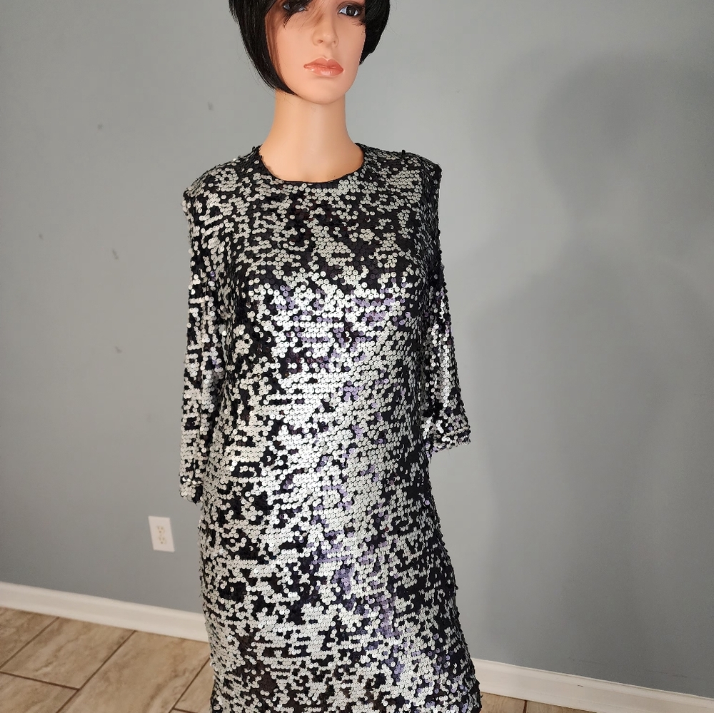 Black Sequin Embellished Fabric. FRENCH CONNECTION. L35. B18. W15. SLEEVE 18